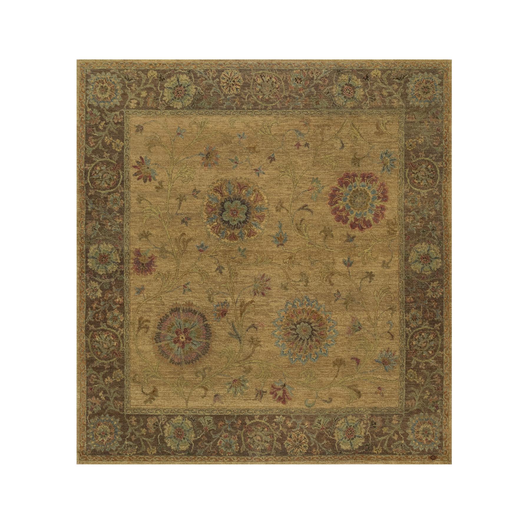 Peanut Brown, Botanical Design, Pure 100% Himalayan Wool, Natural Dyes, Hand Knotted, Squarish, Oriental Rug